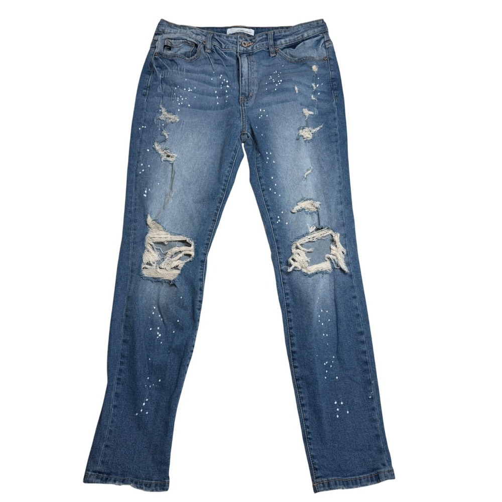 Kancan Womens 9/28 Distressed Skinny Jeans  Blue Paint Splatter Grunge Indie‎